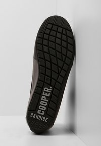 Semelle d'une chaussure noire avec des motifs de grip texturés et les mots "COOPER" et "CANDICE" imprimés en blanc.