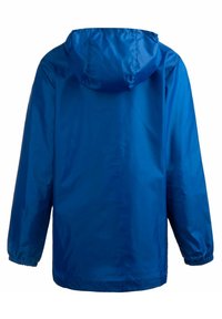 Giacca impermeabile blu, materiale leggero, cappuccio, polsini elastici e vestibilità rilassata. Texture liscia con dettagli di cucitura minimi.