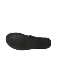 Semelle noire d'une sandale avec des zones texturées sur le talon et l'avant du pied pour l'adhérence et le confort.