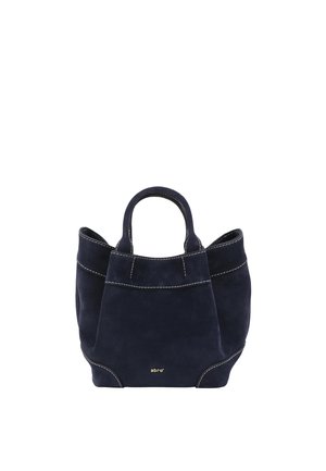 Navy blue suede handbag with double handles, white stitching details, and small gold logo "abro" on front center.