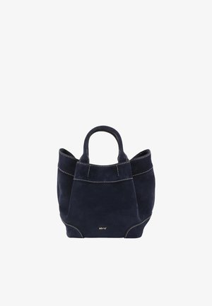 Navy blue suede handbag with double handles, white stitching details, and small gold logo "abro" on front center.
