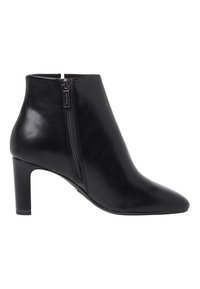 Stivaletto in pelle nera con punta affusolata e zip laterale. Caratterizzato da una finitura liscia e un tacco a blocco di media altezza.
