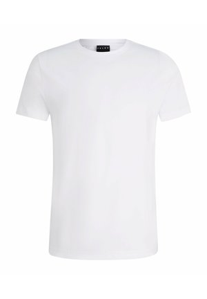 White short-sleeve t-shirt made of cotton. Round neckline with a smooth texture. Simple design, no additional patterns or accents.