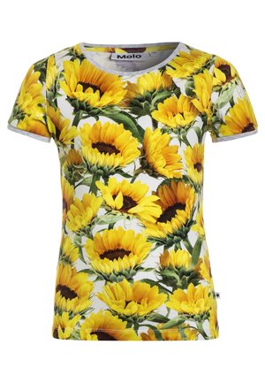 Koszulka z krótkim rękawem z nadrukiem słonecznika na białym tle. Wykonana z miękkiego materiału, z okrągłym dekoltem i dopasowanym krojem.