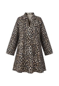 Leopardenprint jurk met kraag, driekwart mouwen en een losse A-lijn snit. Bevat een mix van tan, bruin en zwart patronen.