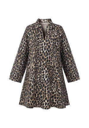 Robe à imprimé léopard avec un col, des manches 3/4 et une coupe A-line ample. Présente un mélange de motifs beiges, marron et noirs.