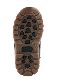 Čierna gumová podrážka s textúrovaným vzorom, obsahujúca hlboké drážky a ryhy pre lepšiu priľnavosť, zvýraznená béžovými okrajmi a čiernymi akcentmi.