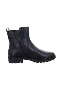 Schwarze Leder-Ankle Boots mit gestickten Details, seitlichem Reißverschluss, strukturiertem Gummi-Sohle und einer Schlaufe an der Rückseite für ein einfaches Anziehen.