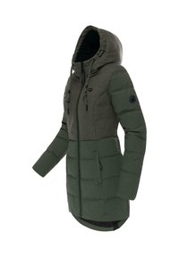 Lange groene gewatteerde jas met een grijze fleece-gevoerde capuchon. Heeft een rits aan de voorkant, twee zijzakken en een gestructureerd patroon op het bovenste gedeelte.