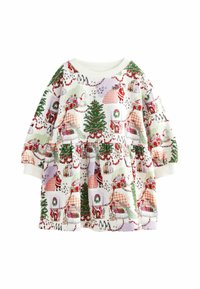 Langärmliges Kleid in Weiß, mit einem festlichen Druck von Weihnachtsbäumen, Tieren, Geschenken und Feiertagsmotiven. Weicher Baumwollstoff, geraffter Rock.