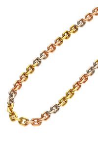 Fém lánc nyaklánc, amely összekapcsolt ovális láncszemekkel rendelkezik arany, rózsaarany és ezüst színekben, fényes kivitelben és változó láncszemméretekkel.