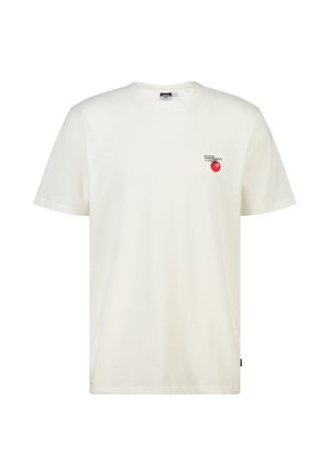 Wit T-shirt met korte mouwen met een kleine rode tomaatafbeelding en de tekst "Saturday Farmers Market" op de linkerborst.