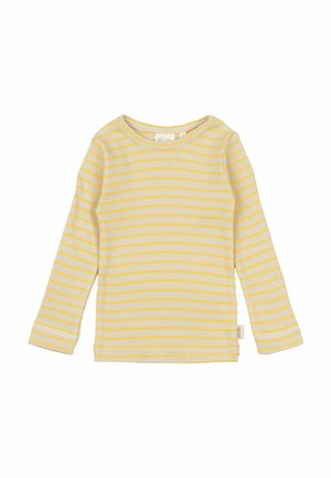 Gelb-weiß gestreiftes Langarmshirt aus Rippstoff, ausgestattet mit einem Rundhalsausschnitt und genähten Bündchen. Etikett am Saum.