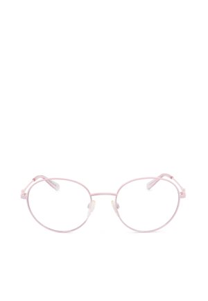 Occhiali con montatura in metallo sottile rosa chiaro, lenti rotonde e naselli regolabili, esposti su sfondo bianco.
