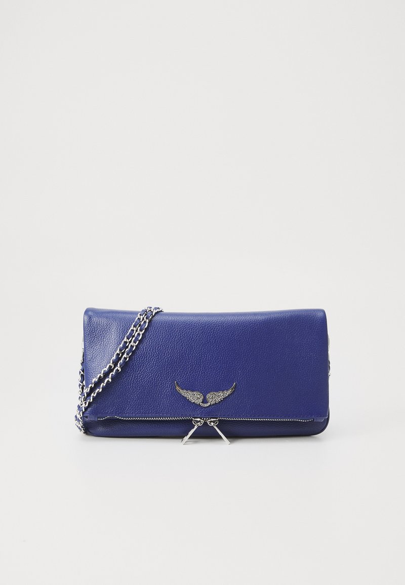 Blue leather clutch bag with a silver chain strap, featuring a decorative wing emblem and a zip closure at the bottom.