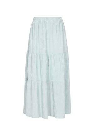 Světle modrá midi sukně s volány a elastickým pasem. Texturovaná látka s jemnými vlnkami a třemi odlišnými vrstvami látky.
