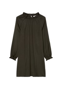 Robe vert foncé à manches longues avec encolure à volants froncée et poignets élastiques, coupe ample, design simple, sans motifs ni ornements visibles.