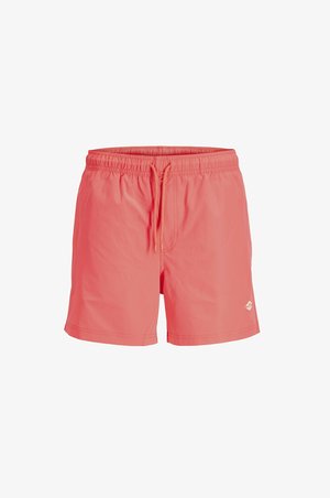 Heren zwembroek in koraalroze met elastische tailleband en verstelbare trekkoorden, met een klein wit logo op het linkerbeen.