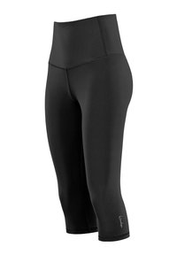 Leggings capri neri realizzati in tessuto elasticizzato, con una vita alta, una texture liscia e un piccolo dettaglio con logo vicino all'orlo.