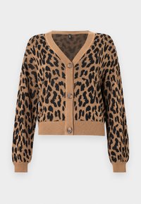Cardigan raccourci en beige avec imprimé léopard noir. Il présente un col en V, un ourlet et des poignets côtelés, ainsi que cinq boutons sur le devant. Texture douce.