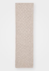 Écharpe beige tricotée avec un motif subtil en losange, texture douce et forme rectangulaire sur fond blanc.