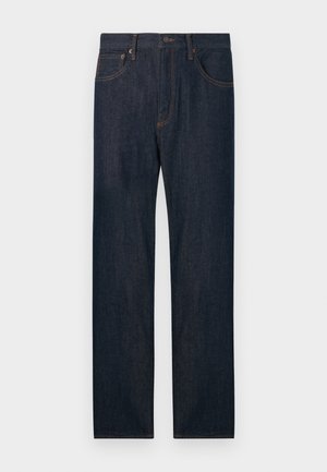 Jeans in denim blu scuro a gamba dritta con tasche davanti e dietro, bottone e passanti per cintura.