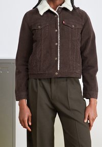 Persona che indossa una giacca di cintura in corda marrone con colletto in pelliccia bianca e pantaloni verdi scuri a vita alta, in piedi all'interno vicino a un armadio.