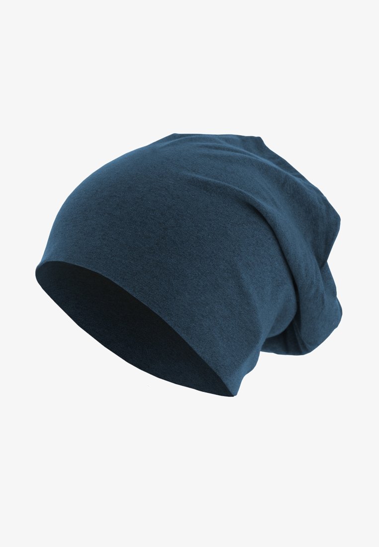 Dark blue soft fabric slouchy beanie hat with a slightly wrinkled texture, shown against a white background.