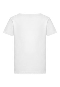 Witte katoenen t-shirt met korte mouwen, ronde hals en een gladde textuur. Geen zichtbaar ontwerp of logo's op de achterkant.