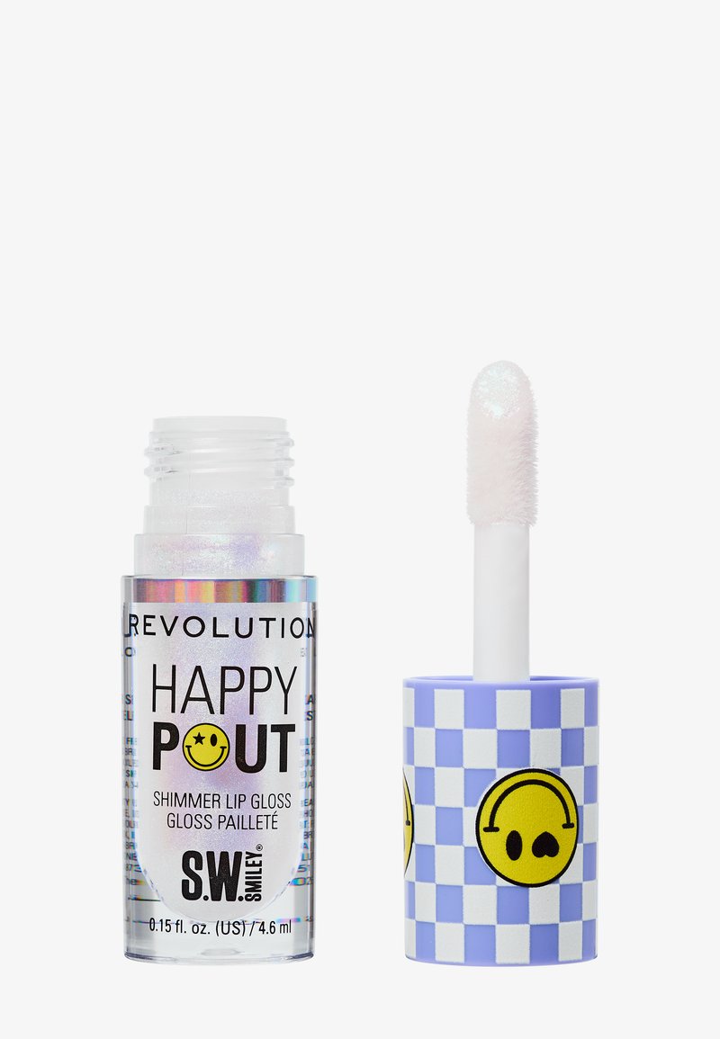 Tube de gloss transparent étiqueté "Happy Pout" avec un applicateur scintillant et un capuchon à carreaux bleu et blanc orné de visages souriants jaunes.