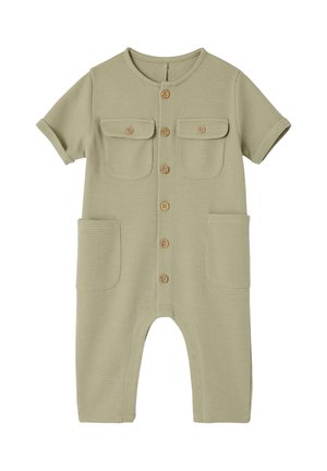 Short-sleeve olive green baby romper with wooden buttons down the front, two chest flap pockets, and two large side pockets.