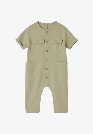 Short-sleeve olive green baby romper with wooden buttons down the front, two chest flap pockets, and two large side pockets.