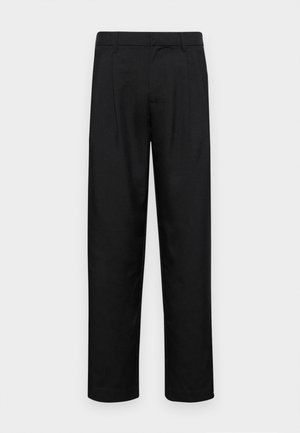 Black trousers made of smooth fabric, featuring a straight-leg design, two front pleats, and standard waistband with belt loops.