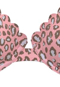 Roze luipaardprint beha met geschulpte randen, met bruine en witte vlekken. Zachte textuur met verstelbare bandjes en een centrale band.