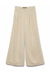 Pantalons larges de couleur beige clair, en tissu texturé, avec des plis à l'avant et une taille plate avec une ouverture centrale.