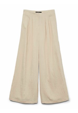 Pantalons larges de couleur beige clair, en tissu texturé, avec des plis à l'avant et une taille plate avec une ouverture centrale.