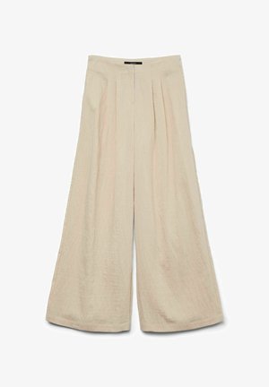 Vide ben bukser i en lys beige farve, lavet af tekstureret stof, med frontfolder og en flad talje med en central åbning.
