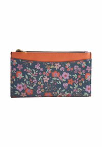 Květinová peněženka v tmavě modré barvě s jasnými květinami v růžové, červené a oranžové. Disponuje hladkým povrchem, oranžovým akcentem a zlatým zipem.