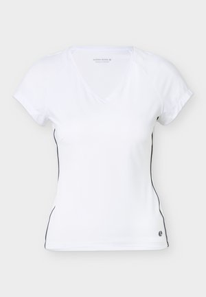 White short-sleeve V-neck athletic T-shirt with black side piping and small logo near the hem on a plain background.