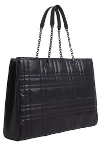 Black leather tote bag with quilted pattern, topped with dual fabric handles and silver chain accents. Smooth texture with structured shape.