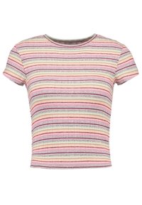 Pruhovaný triko s krátkým rukávem a kulatým výstřihem; barvy zahrnují růžovou, žlutou a šedou; ribrová textura; zkrácený střih.