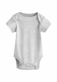 Gray cotton onesie with short sleeves, featuring a repeated white duck print, snap closure at the bottom, and a round neckline.