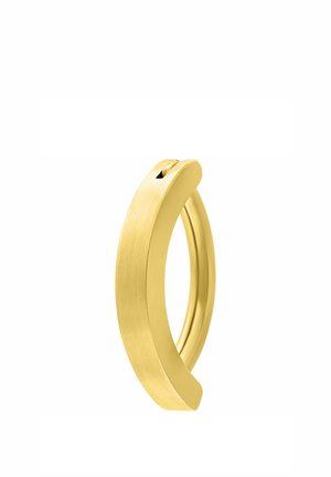 Gold-colored curved hoop earring with a smooth, brushed finish and a hinged clasp mechanism.