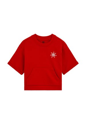 Felpa rossa a maniche corte con tasca frontale e piccolo motivo a spirale solare bianco sulla parte superiore sinistra del petto.