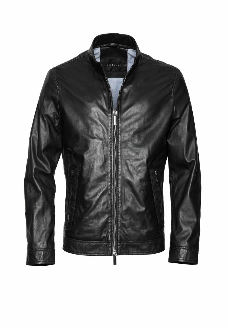 Zwarte leren jas met een staande kraag en rits aan de voorkant. Kenmerkt zich door een slim fit, twee zijzakken en een soepele textuur. Minimalistisch ontwerp zonder versieringen.