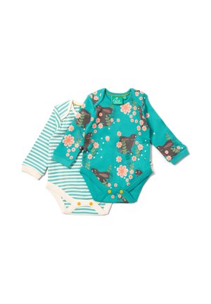 Zwei langärmlige Babybodysuits: einer in Teal mit floralem Muster und Tieren, der andere in gestreiftem Türkis. Beide verfügen über Druckknopfverschlüsse im unteren Bereich.