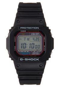 G-Shock digital watch with a black resin band, featuring a rectangular face. Display includes LED backlight, water resistance, and solar power.