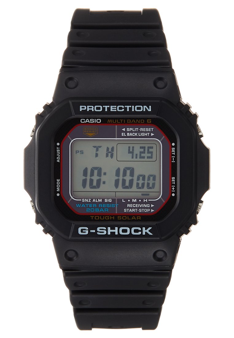 G-Shock digital watch with a black resin band, featuring a rectangular face. Display includes LED backlight, water resistance, and solar power.