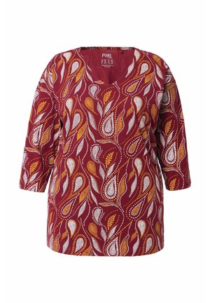 Blusa bordeaux a maniche lunghe con motivi astratti di foglie arancioni e bianche e colletto a V.