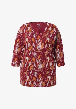 Blusa bordeaux a maniche lunghe con motivi astratti di foglie arancioni e bianche e colletto a V.